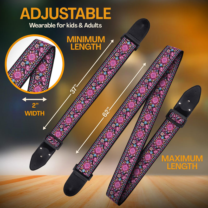Art Tribute Guitar Strap For Acoustic, Electric and Bass Guitar, Adjustable Pink Woven Strap W/FREE BONUS 2 Picks + Strap Locks + Strap Button. Gift Set For Men & Women Guitar Players Non Personalized