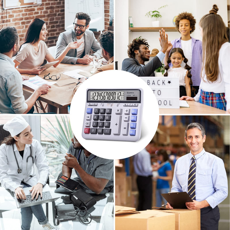 Comix Desktop Calculator, 12 Digits Large Desk Calculator, White, 2 Pack | Solar Battery Dual Power, Large LCD Display, Computer Keys, 4 Function Basic Calculator for Office Business Home Use