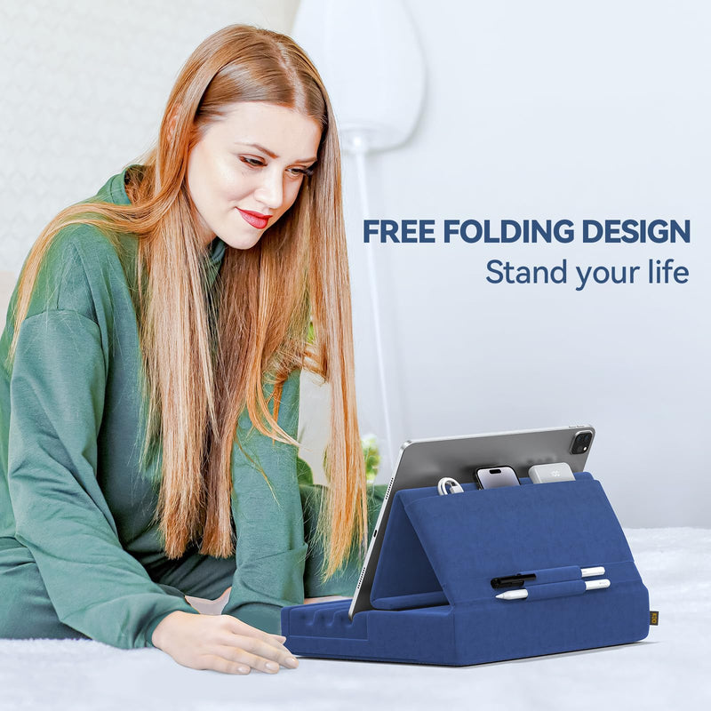[AUSTRALIA] - KDD Tablet Pillow Holder, Foldable iPad Stand for Lap, Bed and Desk -Tablet Soft Pad Dock with Pocket & Stylus Mount Compatible with iPad Pro 12.9, 10.5, 9.7 Air Mini 6 5 4 3, Galaxy Tab,E-Reader Blue 