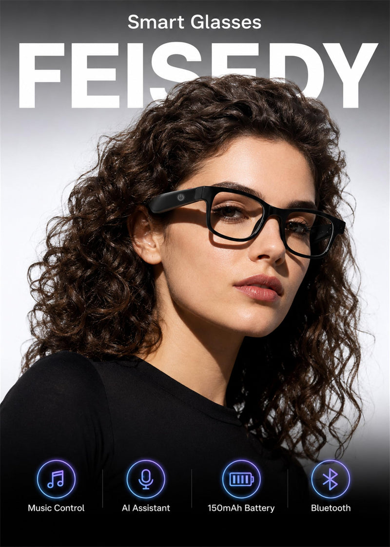 FEISEDY AI Smart Glasses with AI Assistant for Travel & Daily Use B0476 | Interchangeable Sunglasses Lenses,Open-Ear Bluetooth Audio, Music & Hands-Free Calls