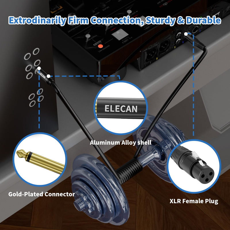 Elecan 50 Ft XLR Female to 1/4 inch 6.35mm TS Mono Jack Microphone Cable, Unbalanced Interconnect Mic Audio Cord, Durable&Flexible&Firm Connection for Dynamic Mic Console Guitar Mixer AMP+5 Ties 50FT XLR Female to 6.35mm