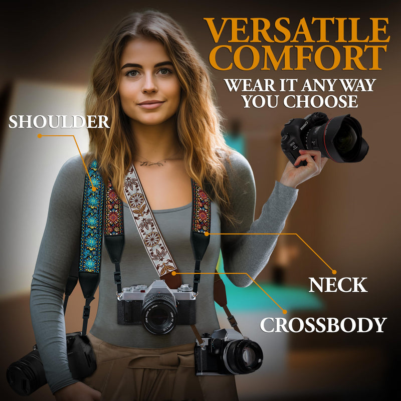 Camera Strap for DSLR and Mirrorless Camera , Shoulder Neck and Crossbody Strap with Soft Padded Webbing, Cotton Pattern for Men & Women, Best Gift for Photographers, White Leaves Classic Design A White Leaves