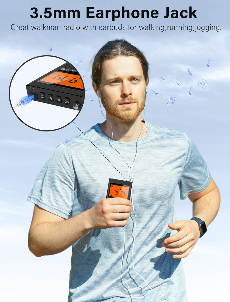 [AUSTRALIA] - AM FM Portable Radio Personal Radio with Excellent Reception Battery Operated by 2 AAA Batteries with Stero Earphone, Large LCD Screen, Digtail Alarm Clock Black 