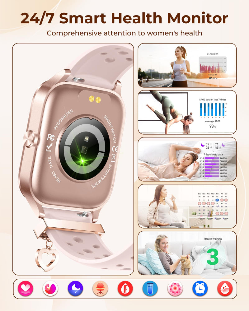 Iaret Smart Watch for Women, 4 Bands 1.85" DIY Dial Smartwatch with Bluetooth Call, Fitness Tracker with 100 Sports Modes Heart Rate Sleep Monitor Pedometer Compatible with iPhone & Android Rose