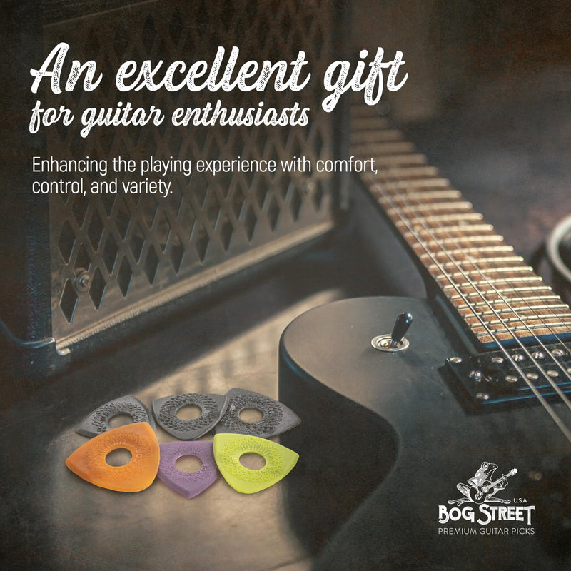 [AUSTRALIA] - Bog Street Textured AXE Series Ergonomic Guitar Picks Thin Guitar Pick Pack of 6 with CUT, BLADE & BATTLE AXE Picks for Guitar - Made in USA Non Slip Guitar Picks Thick and Thin Pack 