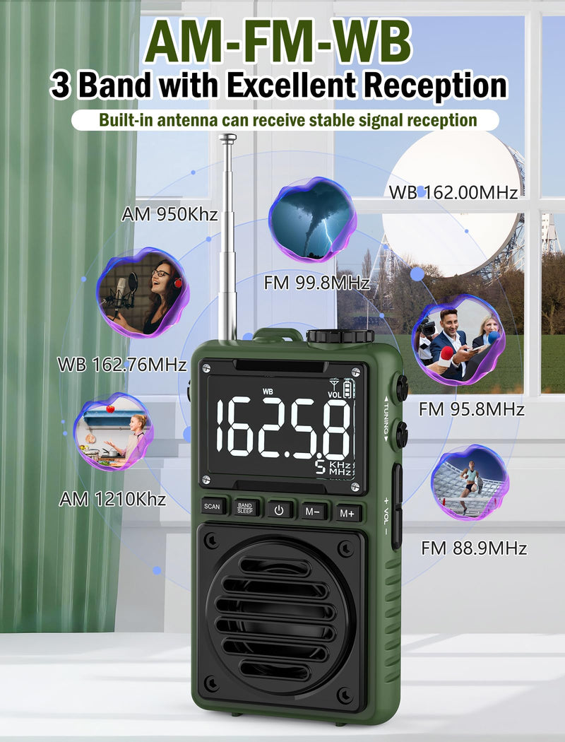 Digital AM FM Weather Band Radio with Flashlight,850mAh Rechargeable Portable Pocket Radio with Best Reception,LCD Screen, Back Clip,Stereo Earphone Jack, SOS Alarm,Sleep Timer for Jogging,Walking Green