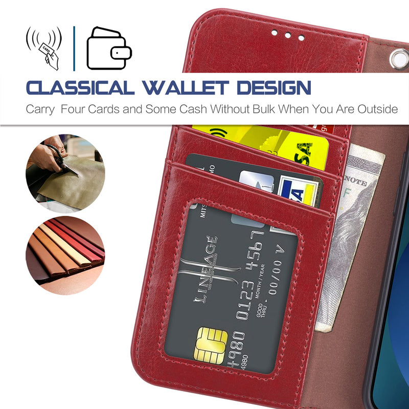 Arae Compatible with iPhone 13 Case[Not for iPhone 13 Pro.] with Card Holder and Wrist Strap Wallet Flip Cover for iPhone 13 6.1 inch-Wine Red iPhone 13(6.1") Wine Red