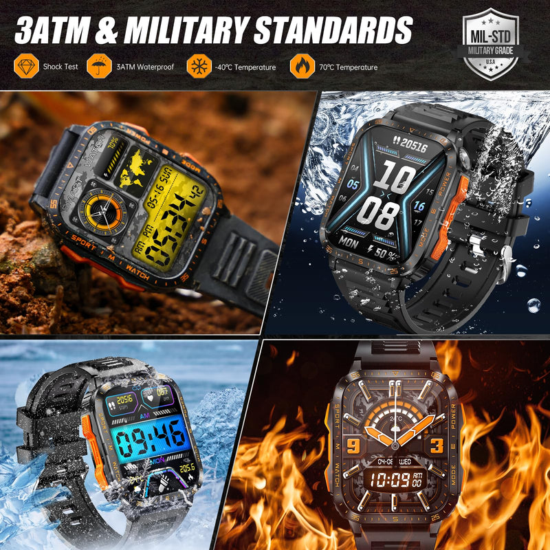 Military Smart Watch for Men with LED Flashlight/UV Light 3ATM Waterproof 1.96" Big Screen Rugged Tactical Smartwatch Fitness Tracker with HR/Sleep Monitor for iPhone Android (Two Watch Bands) | Bluetooth Call/3ATM Waterproof/110+ Sports Modes, HR/Slee...