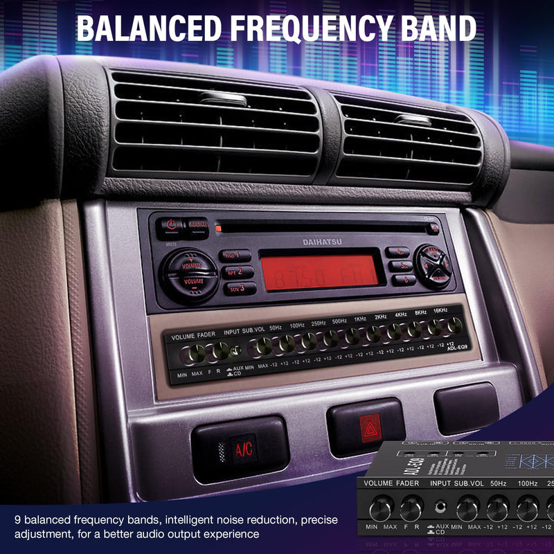 9 Band Car Audio Equalizer w/Front,Rear + Sub Output, 8V RMS Line Driver | Car Graphic Equalizer EQ, Frequency Adjustable Audio Output for Car, Boat W/CD/AUX Input, White Light Illumination 9 - Band