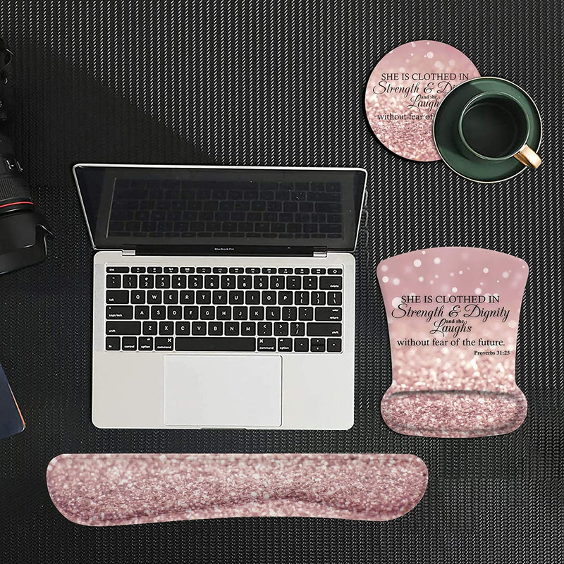 Ergonomic Mouse Pad Wrist Support Gel and Keyboard Wrist Rest Set Proverbs 31:25,Bible Verse Pink Glitter Design for Laptop, Mac, Gaming and Office, Durable, Comfortable and Pain Relief + Coaster Yu-mousepad-2-3