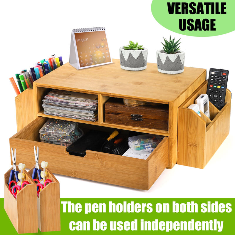 Hiceeden 2 Tier Bamboo Desktop Organizer, Desk Monitor Stand Riser with 1 Drawer and 2 Pen Holder, 2 Compartment Computer Desk Storage Organizer for Laptop, Printer