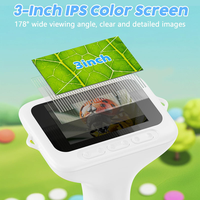 [AUSTRALIA] - 1000X Handheld Digital Kids Microscope with 3.0" IPS Screen, USB-Powered STEM Educational Science Toy with 8 LED Lights & Photo/Video Capture, Portable Learning Gift for Boys & Girls White 