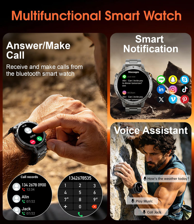 SUNKTA Military Smartwatch for Men 1400mAh Ultra Battery Fitness Smart Watch Answer/Make Calls, Heart Rate,Sleep Tracker, 100+Sports Mode, IP68 Waterproof Smartwatch for Android iPhone(2 Bands) Black