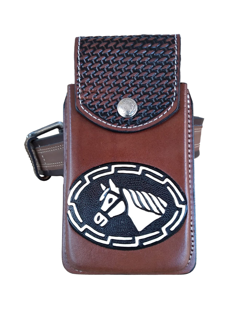 Marquez Western autentic Leather Mexican Cell Phone Holster for Belt with Secure Closure. Hand Painted Horse Design. Universal Size (Brown)
