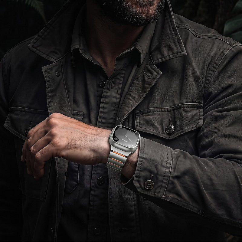 Magnetic Metal Band for Men, Compatible with Apple Watch 42-49mm | Luxury Titanium Silicone Strap, Lightweight Sport Band for iWatch Series 1/2/3/4/5/6/7/8/9/10/11/SE, Fits 5.4"-7.7" Wrists Titanium + Orange