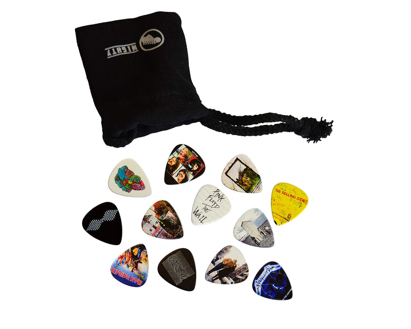 12 x Classic Albums Guitar Picks Set Guitar Plectrums For Every Guitarist Both Sided Print Pick In Pick Tin Sized 0.46, 0.71, 0.81, 0.88, 0.96, 1.2 mm Electric Guitar, Acoustic Guitar And Bass (Set 2)