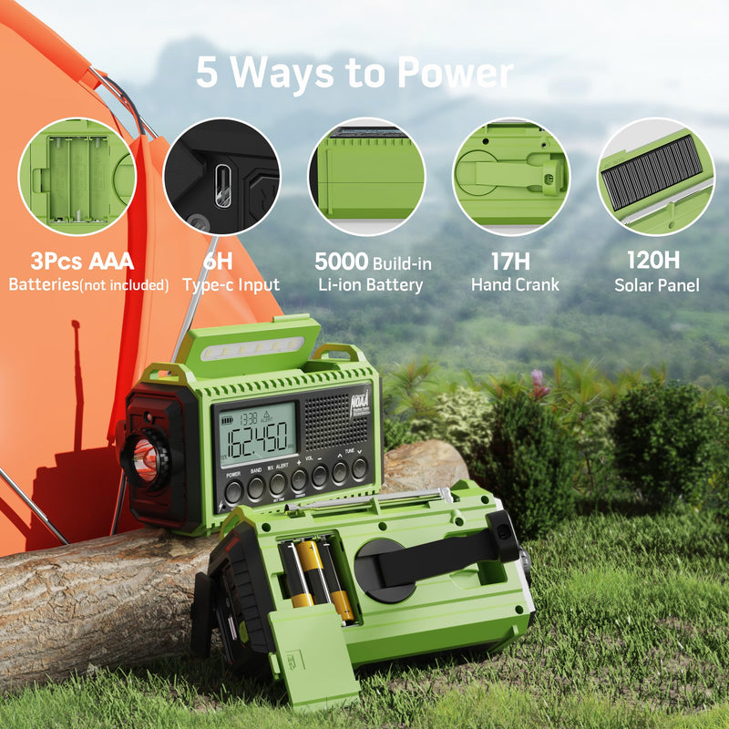 Emergency Radio,5000 NOAA Weather Radio with AM/FM/NOAA/SW,SOS Battery Operated Radio,5 Way Powered Emergency Hand Crank Radio with USB Charger, Flashlight, Reading Lamp, Headphone Jack for Outdoor Green