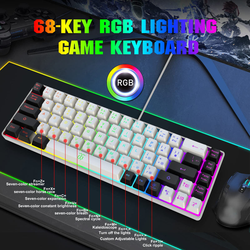 Snpurdiri 60% Gaming Keyboard, RGB Backlit Mini Keyboard,Built-in Steel Plate, Membrane Keyboard but Super Mechanical Feel for Windows PC Gamers(68 Keys,White-Black) White Black