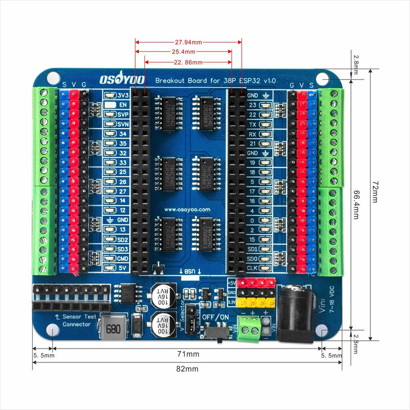 OSOYOO Breakout-Board für 38-polige ESP32-Erweiterungsplatine mit dualen 2x19P-Headern - GPIO-LED-Anzeigen - ideal für ESP32 Prototyping, Entwicklung und Lernprojekte 38P ESP32 Shiled Breakout Board