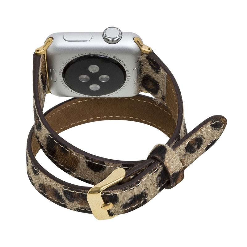 Venito Serena Slim Double Wrap Leather Watch Band Compatible with Apple Watch iwatch Series 1, 2, 3, 4, 5, 6, 7, SE (Furry Leopard w/Gold Stainless Steel Hardware, 38mm-40mm)