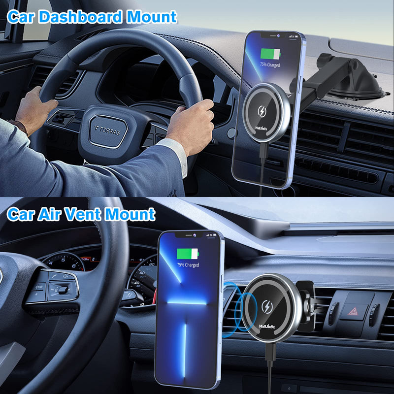 MAGJIEYX for MagSafe Car Mount Charger, Fast Charging 15W Wireless Magnetic Phone Holder [N55 Strong Magnets] Work for iPhone 17 16 15 14 Plus/Pro Max for Dashboard/Vent/Windshield Gary Gray