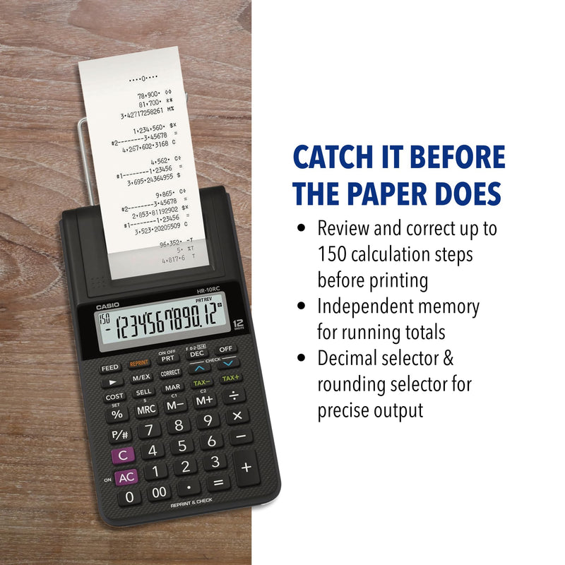Casio HR-10RC Mini Desktop Printing Calculator, Black | Portable, 12-digit display, one-color printer, tax & currency; ideal for bookkeeping
