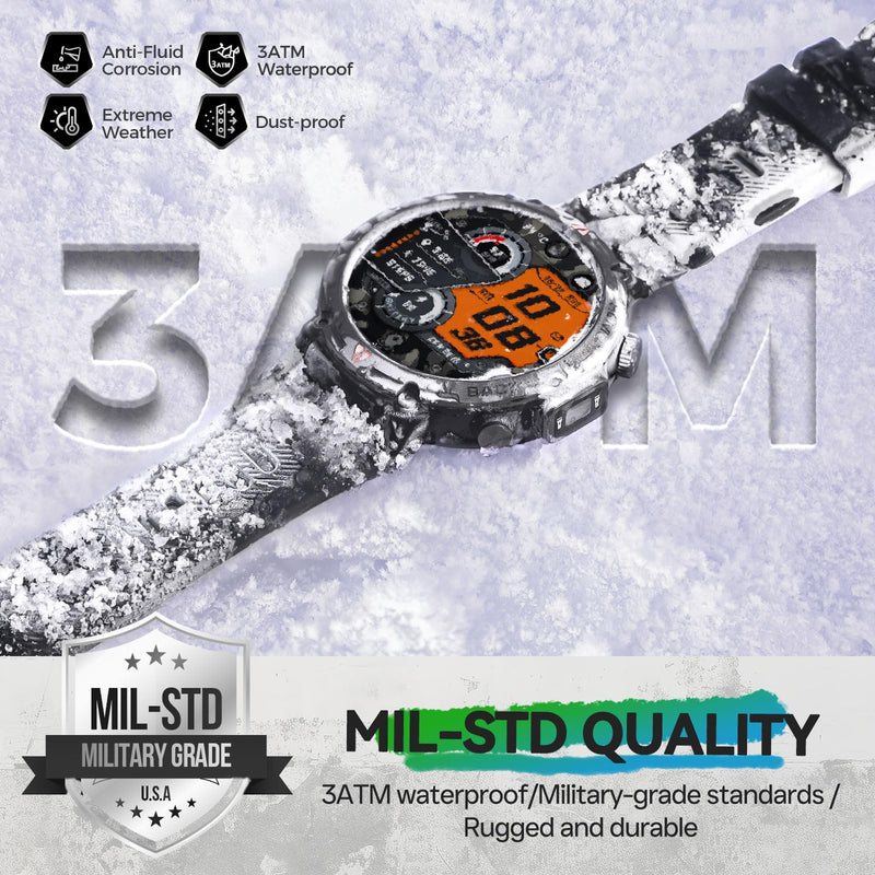 Military Smart Watch for Men, GPS Watch with Flashlight 3ATM Waterproof | Rugged Tactical Smartwatch with Bluetooth Calling Compass 1.45'' HD Sports Watch Fitness Watch Compatible with iPhone Samsung BK