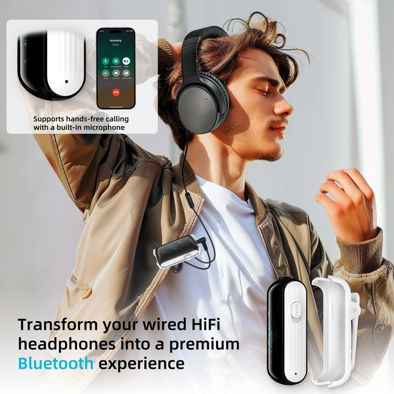Bluetooth Transmitter Receiver for 2 AirPods/Headphones, Flight Bluetooth 5.2 Adapter for Airplane, TV, Gym and PC with a 3.5mm Audio Jack, Wireless BT Receiver with Mic for Car/Home Stereo White