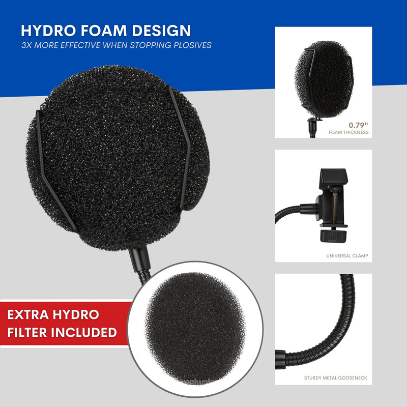 Melon Audio Pop Filter for Microphone - Sponge Layered Pop Wind Screen with Enhanced Flexible 360° Gooseneck Clip Metal Arm (includes Extra Filter)