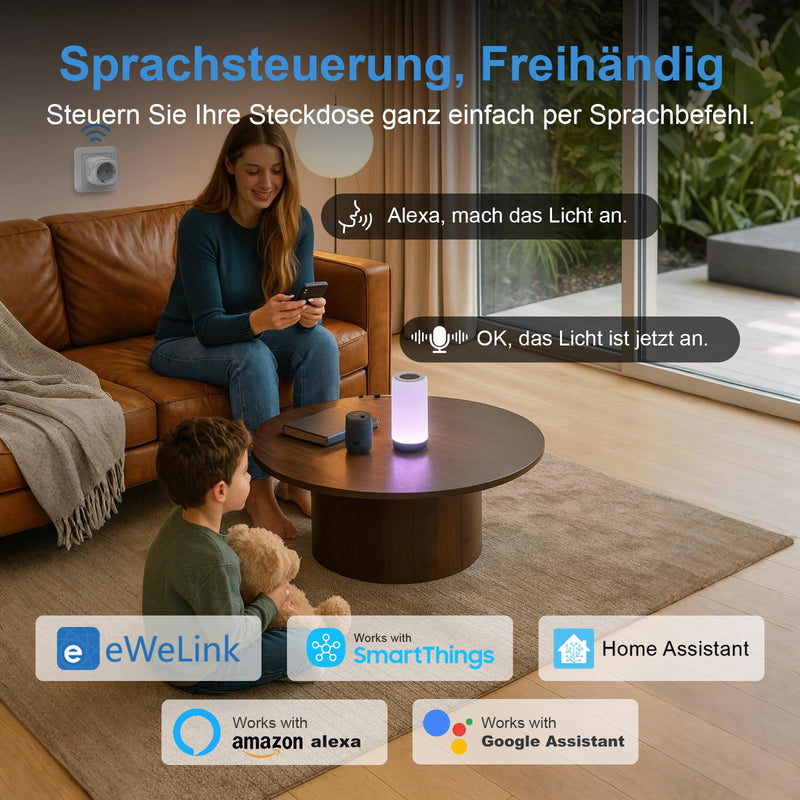 SURFOU WLAN Socket with Timer & Current Meter, Smart Plug 16A with App Control, Voice Control, Timer, for Alexa & Google Home, 2.4GHz WiFi, Remote Access, No Hub Required gray