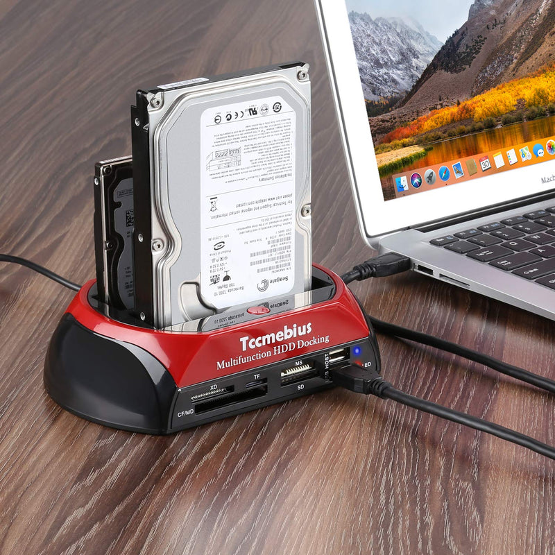 Hard Drive Docking Station, Tccmebius TCC-S862-US USB 2.0 to 2.5 3.5 Inch SATA IDE Dual Slots External Enclosure with All in 1 Card Reader and USB 2.0 Hub for 2.5" 3.5" IDE SATA I/II/III HDD SSD