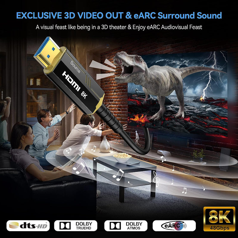 Fiber Optic HDMI Cable 50FT, 8K (HDMI 2.1,48Gbps) Ultra High Speed HDMI Cord with Gold Plated Connectors, 8K@60Hz 4K@120Hz, Compatible for PS4/5 PC HDTV Projector Large Display, Male-to-Male 15 Meters Fiber Optic