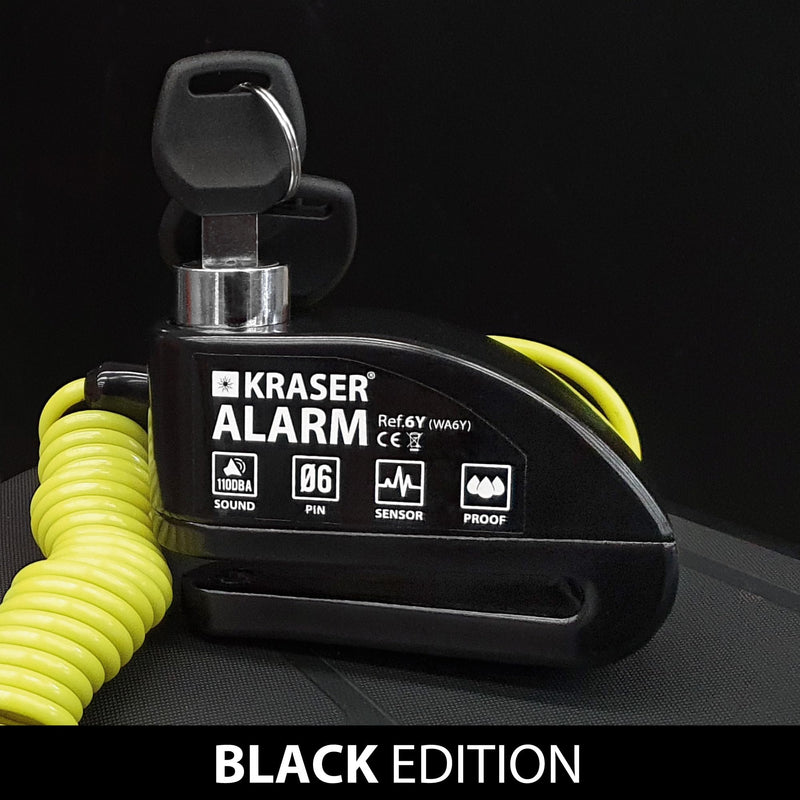 KRASER 6Y Alarm Disc Lock, Reinforced Disc Brake Lock with 3 Keys (Others 2), Heavy Duty Anti-Theft Motorcycle with Alarm,110dB, Weather-Resistant, Reminder Cable, Pouch, Motorbike Moped E-Bike Black
