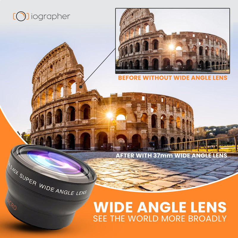 iOgrapher 37mm Wide Angle Lens for iPhone and Smartphones - Clip On Macro Lens and Wide Phone Lens - Macro Lens for iPhone and Other Smartphones - Camera Lens for Phone - Comes with Leather Case Bag