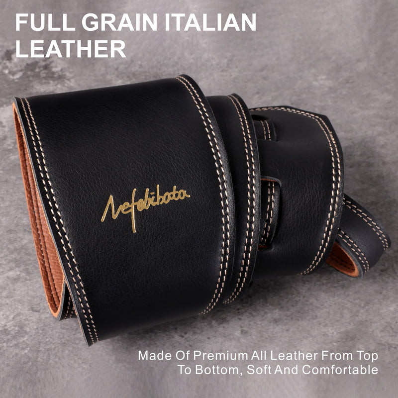 Nefelibata Guitar Strap Black, Soft Full Grain Leather, 3.8" Wide, Adjustable Length 49" to 57" with Foam Padding for Bass, Electric, and Acoustic Guitars
