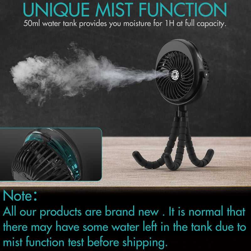 Misting Stroller Fan, 2500mAh Battery Powered Personal Desk Air Circulator Fan with Flexible Tripod, Ultra Quiet 3 Speed 270° & 360° Rotatable USB Fan for Stroller Office Camping Hurricane Outage,Black Black