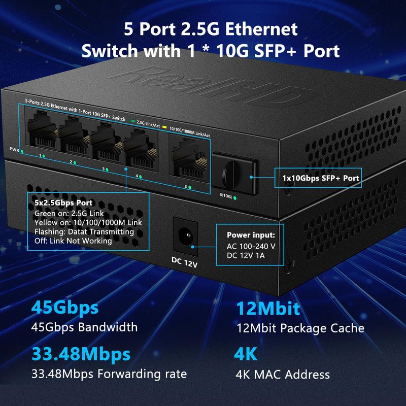 5 Port 2.5Gb Ethernet Switch Unmanaged Network Switch Splitter | Metal Casing | 5 x 2.5 Gigabit | 1 x 10G SFP+ | Multigig Switch 10-100-1000Mbps | 45G Bandwidth | Fanless Internet Switch 6
