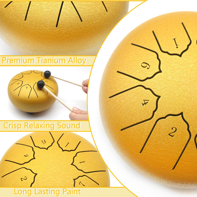 Anvin Steel Tongue Drum 6 Inch 8 Notes Metal Hand Drum with Drum Mallets Music Book Rain Drum Sound Healing Instruments for Meditation Yoga Zen Entertainment Gifts(Gold) Gold