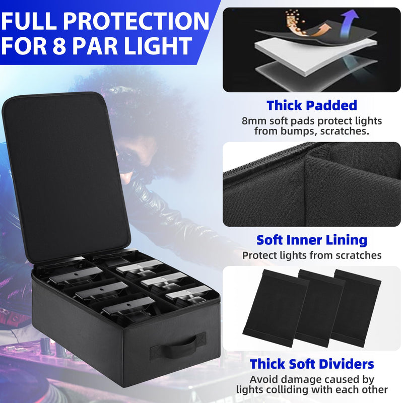 Par Light Bag Soft Padded for 8 Par Lights, Stage Lighting Case with Removable Dividers & Backpack-strap & Handle, Lights Bag with Large Pocket for Par Light, Spotlight, Led Light, DJ Light 8 Par Light Bag