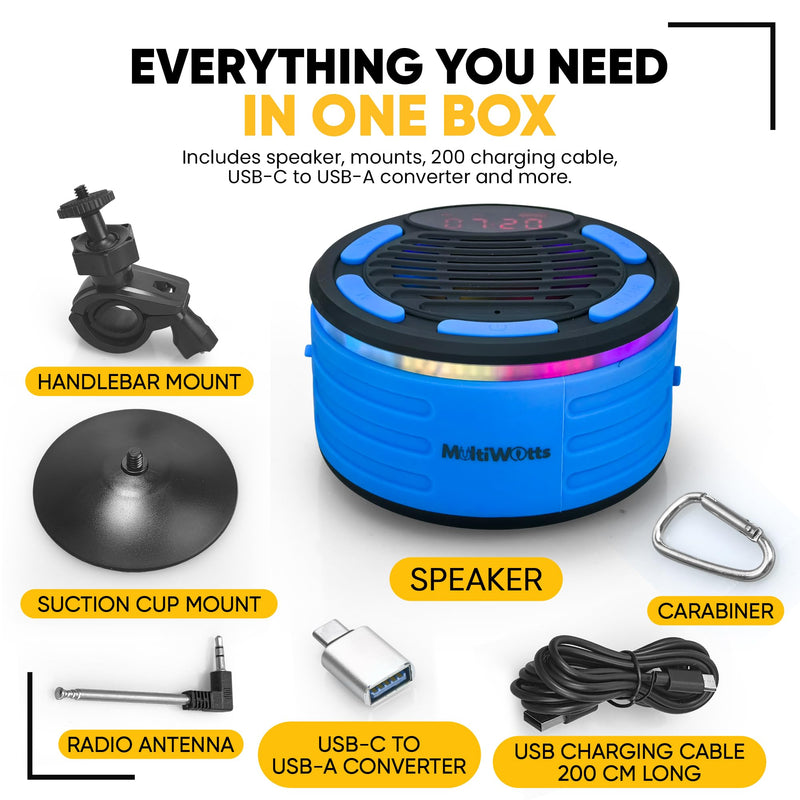 IPX7 Waterproof Bluetooth Speaker with Time, Floating Portable Speaker for Shower, Pool & Beach, Includes MTB Handlebar Holder, Suction Cup & Carabiner, RGB Lights, FM Radio, USB-C - Gifts