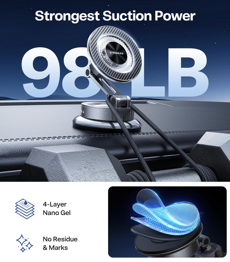 TORRAS 2026 Upgraded Vacuum Car Phone Holder for MagSafe Car Mount [98+ LBS Strongest Suction | 24 N58 Magnets] 360° Adjustable Magnetic Phone Holders for Your Car, for iPhone 17-12 Pro Max Plus Air Diamond Black
