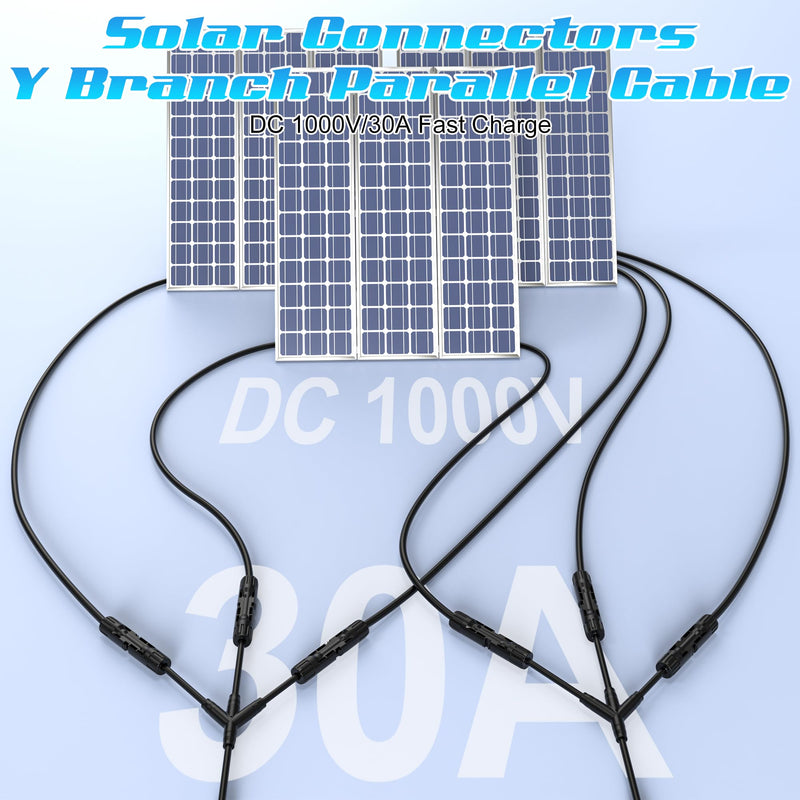 1 Pair of Solar Connectors Y Branch Parallel Adapter Cable, Power Solar Cable for Solar Panel, 30A 1000V Y-Branch Cable with CE and TUV Certification, Y4 Parallel Solar Wire in Pair (1*M/FFF+1*F/MMM) M/FFF+F/MMM