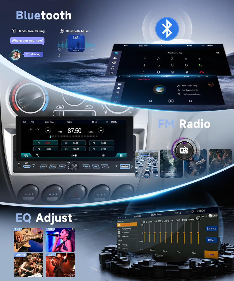 Single Din Car Stereo, 6.86" Touch Screen Car Radio with Wireless & Wired CarPlay Android Auto, Bluetooth FM USB EQ Mirror Link Steering Wheel Control + 12LED Backup Camera 6.86 Inch with Knob