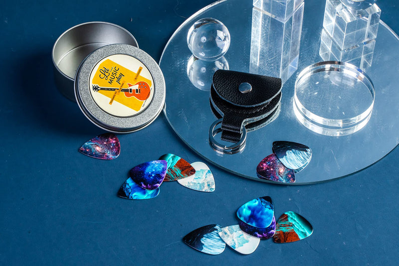 Guitar Picks - Cheliz 12 Medium Gauge Celluloid Guitar Picks In a Box W/Picks Holder. Unique Guitar Gift For Bass, Electric & Acoustic Guitars (Natural Image) 12 packs Natural Image