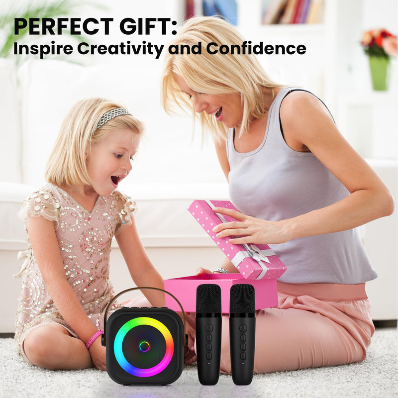 Mini Karaoke Machine, Portable Bluetooth Karaoke Speaker with 2 Wireless Microphones and Party Lights for Kids and Adults, Birthday Gifts for Girls Boys Family Home Party Black 2 Mics