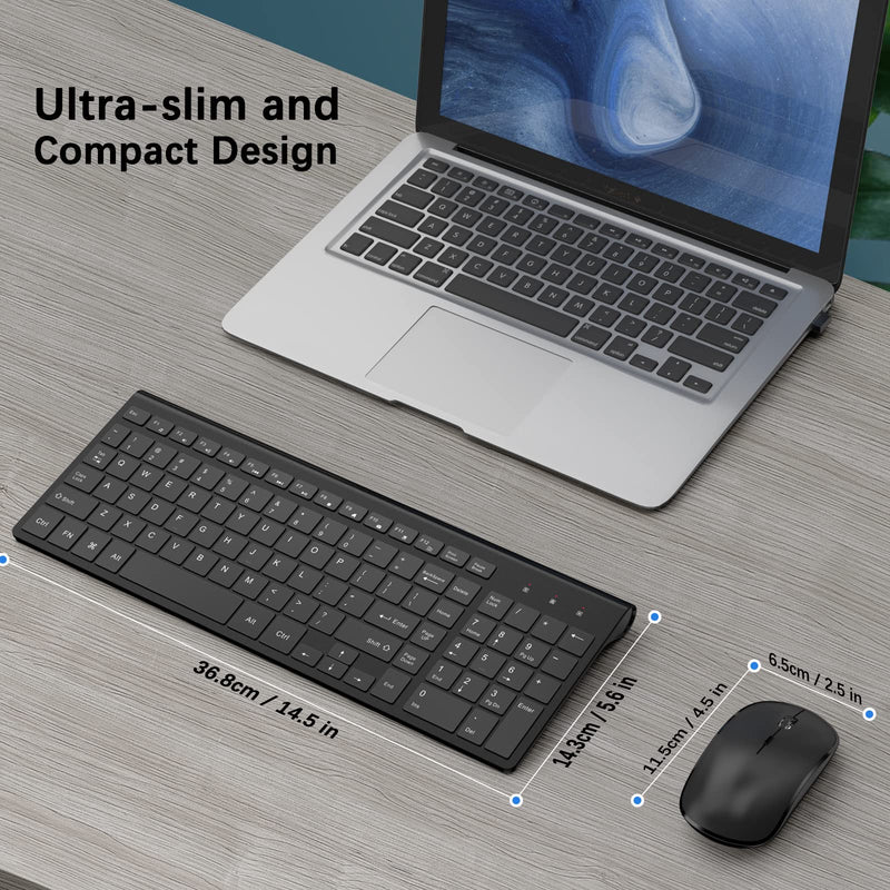 Rechargeable Wireless Keyboard and Mouse Combo- J JOYACCESS 2.4G Compact Quiet Slim Wireless Keyboard Mouse Combo for Laptop,PC,Desktop,Computer,Windows- Black Pure Black