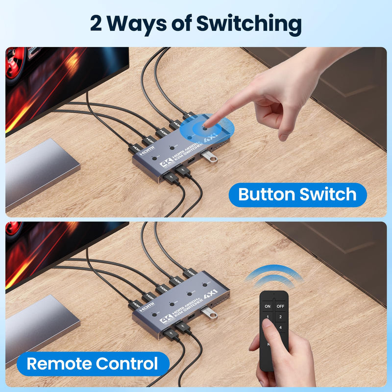 4 Port HDMI KVM Switch for 4 Computers 1 Monitor 4K @ 60 Hz (Includes 4 KVM Cables), USB Peripheral Selector with Remote Control for PC Laptop Keyboard Mouse Printer Gray