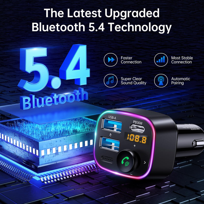 [AUSTRALIA] - Syncwire Bluetooth 5.4 FM Transmitter Car Adapter 48W (PD 36W & 12W) [Light Switch] [HiFi Bass Sound] [Fast Charging] Wireless Radio Music Adapter LED Display Hands-Free Calling Support USB Drive Black 