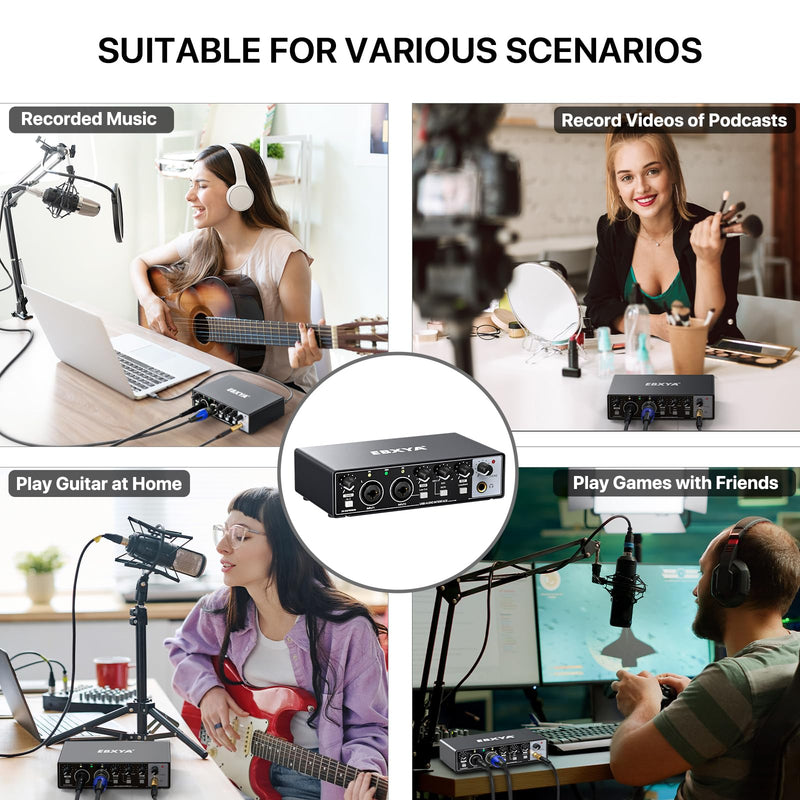 EBXYA 2i2 USB Audio Interface for PC Recording, 24-bit/192kHz Plug and Play USB Interface +48V Phantom Power for Music, Studio, Guitar, Podcast, Streaming No Software Included(Metallic Black) Audio Interface-Black