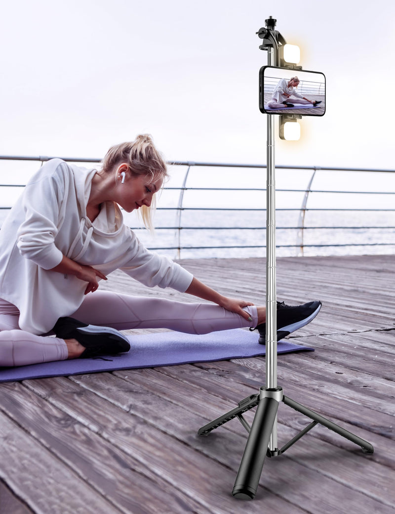 [AUSTRALIA] - 53'' Selfie Stick Tripod with Light, Extendable Selfie Stick with Remote, Portable Cell Phone Tripod Stand with All in 1 Phone Clip, Lightweight Camera Tripod Compatible with iPhone 15 14 13, Android 